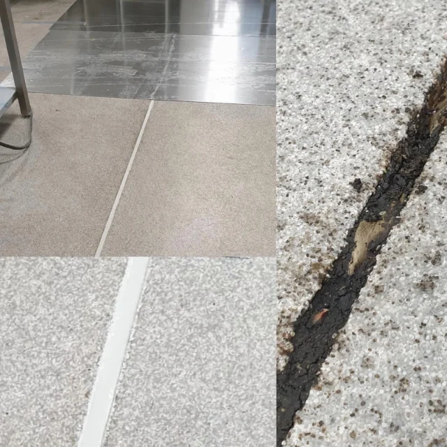 Fogrenovering med Mapeflex PU40 i Arlandastad. Originalbild med före och efter – renoverad fog till vänster och skadad fog till höger.