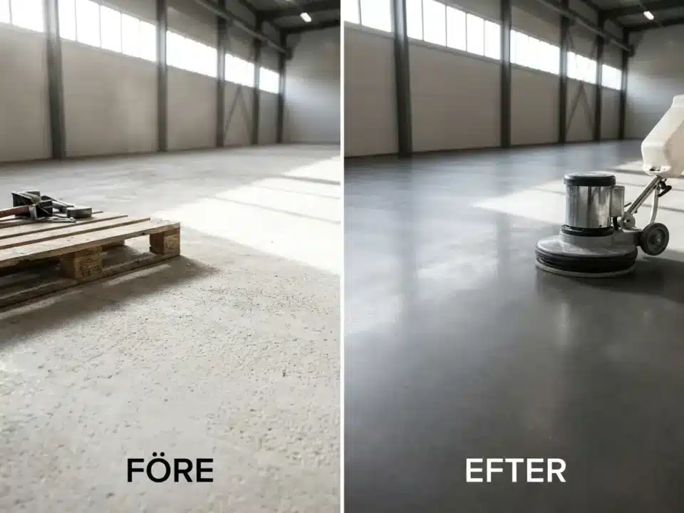 Dammande betong före och dammbunden yta efter behandling