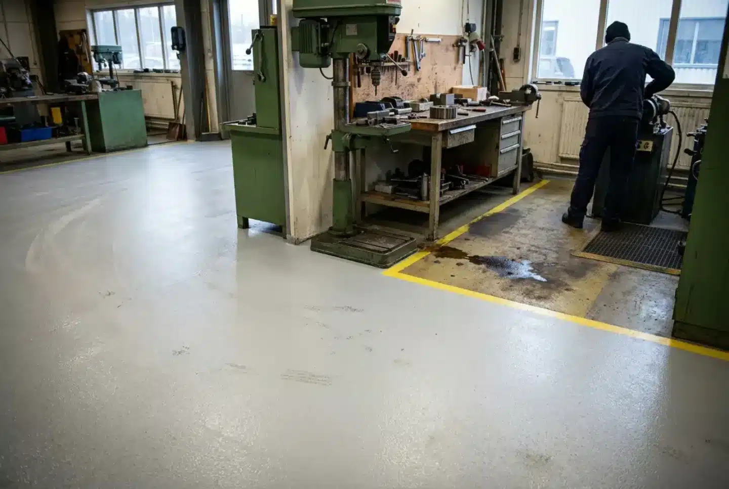 Verkstad i drift på strukturerat epoxigolv