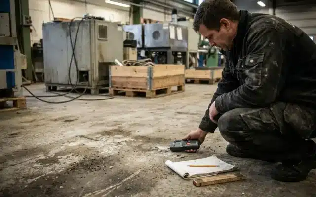 Fuktmätning av betonggolv vid platsbesök i en produktionshall