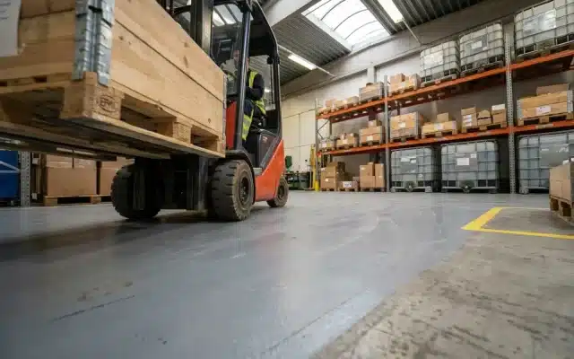 Truck med pall på nylagt massagolv i lagerhall