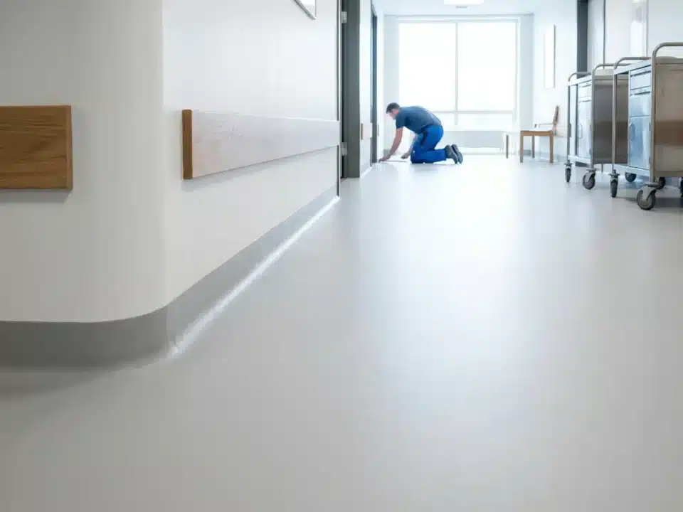 Vårdmiljö med sömlöst golv och hålkäl