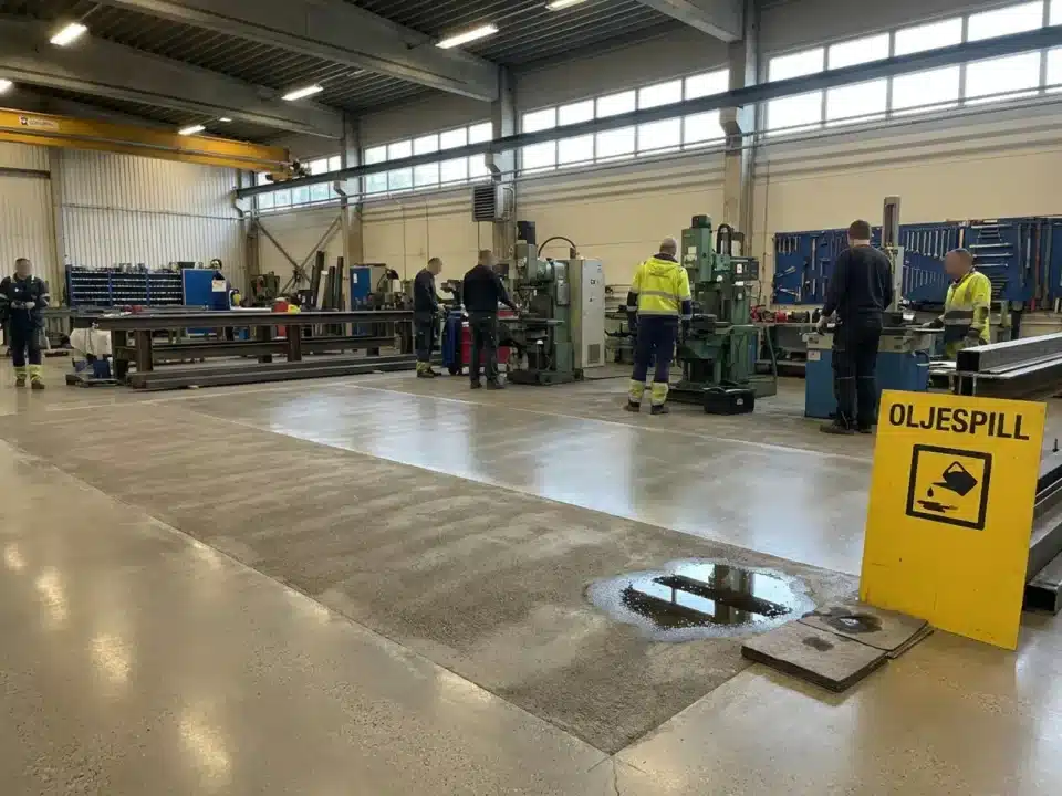 Verkstad i drift på nytt golv med oljespillzon
